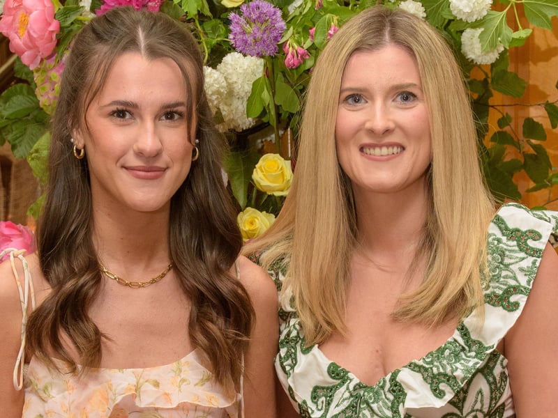 The Mayor Councillor Patricia Logue hosted the annual Mayor’s Ball in the Guildhall in aid of her crossed Charities the Foyle Hospice and Ryan McBride Foundation. Pictured at the event are guests, Annie McCabe and Caitlin McBride Picture Martin McKeown. 24.05.24