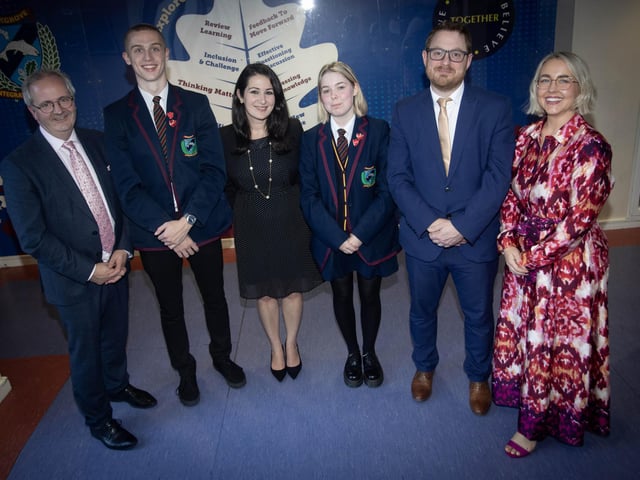 Mr. John Harkin, Principal, Oakgrove Integrated College pictured at last week's Annual Senior Prizegiving with Bobby Skeggs, Head Boy, Mrs. Carmel Irandoust. chair, Board of Governors, Brooke Deery, Head Girl, Mr. Sean Pettis, guest speaker, CEO, Council for Integrated Education and Mrs. Kellie-Marie Martin, Vice Principal.