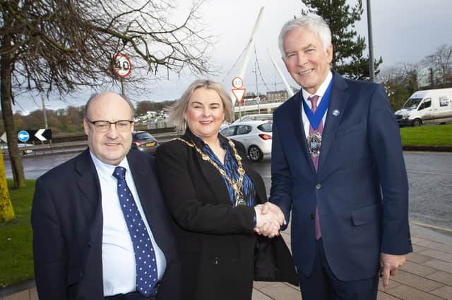 The Mayor of Derry City and Strabane District Council, Sandra Duffy pictured welcoming the Lord Mayor of the City of London, Nicholas Lyons to the city on Friday afternoon last. The Lord Mayor was on a courtesy visit to the Guildhall. On right is Chris Hayward, Policy Chairman, City of London.
