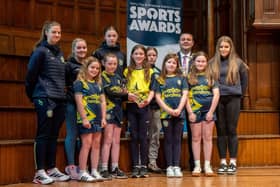 The Mayor, Councillor Ruairí McHugh, pictured with players and coaches from Sion Swifts Ladies and Girls FC, who received the Club of the Year Award, as he hosted the annual Derry City and Strabane District Council Sports Awards in the Guildhall. Picture Martin McKeown. 05.06.25