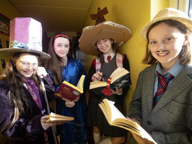 Amy, Elize, Elisha and Saoirse pictured at Hollybush PS on World Book Day.