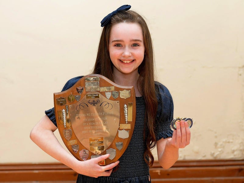 Tara Breslin-Deane, Foyle School of Speech and Drama, achieved first place in McCloskey Shield Junior Character Study and and first place for Studied Prose P7 at the Feis Dhoire Cholmcille on Wednesday at St Columb’s Hall. Photo: George Sweeney.