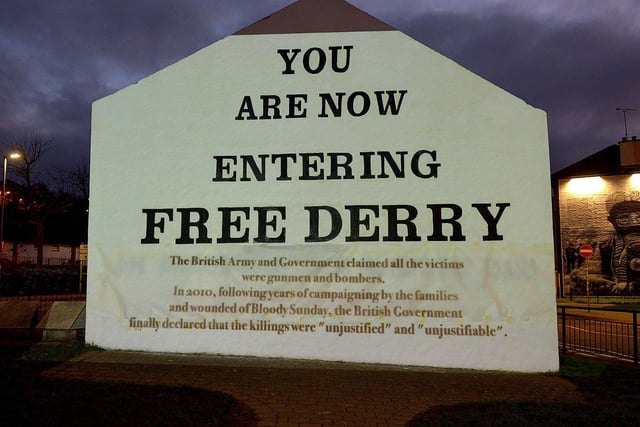 One of the projected images, on Free Derry Corner on Thursday evening, of the British colonial past from the ‘The Sun Never Set And The Blood Never Dries’ art project created by Art Everywhere.  The event was part of Bloody Sunday 51 anniversary. Photo: George Sweeney. DER2305GS – 115