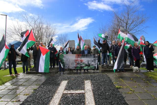 Group of Republican ex-prisoners and others taking part in the Palestinian Prisoners Day vigil at the Hunger Strike monument, Bogside. (Photo - Deirdre Heaney, nwpresspics)