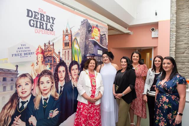 The original Derry Girls
The eagerly awaited Derry Girls Experience has been officially unveiled by Derry City and Strabane District Council Mayor Councillor Patricia Logue in the city’s Tower Museum. The event was attended by the original Derry Girls who provided the inspiration for the characters in the hit TV show and actress Jamie Lee O’Donnell who brought the role of Michelle to life. The exhibition contains props, clothes and recreated sets which will be familiar to fans across the world. Picture Martin McKeown. 03.07.23