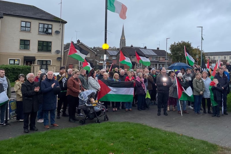 Protestors who took part in a demonstration in solidarity with the Palestinian people at Free Derry Corner on Tuesday.