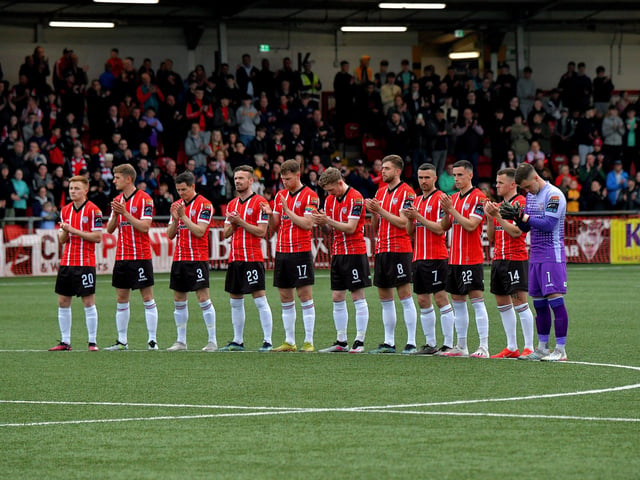 A respectful one minute applause was held for the late Jim ‘Jimbo’ Crossan, former Derry City player and manager, before the game against UCD on Friday evening last. Photo: George Sweeney.  DER2320GS – 138