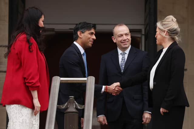 Chris Heaton-Harris, Secretary of State for Northern Ireland, First Minister Michelle O'Neill, Deputy First Minister Emma Little-Pengelly and Rishi Sunak, Prime Minister at Stormont Castle. Picture by Jonathan Porter/PressEye