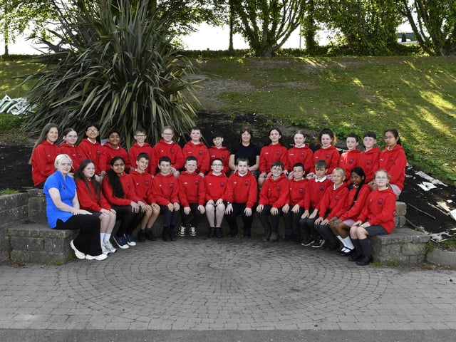 Mrs Taggart’s (centre) P7 class at Lisnagelvin Primary School. Included in the photograph is classroom assistant Miss Thompson.