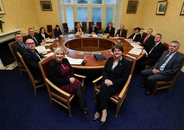 Different times: January 2020 - Ministers from a previous NI Executive with the then First and Deputy First Ministers Arlene Foster and Michelle O'Neill.