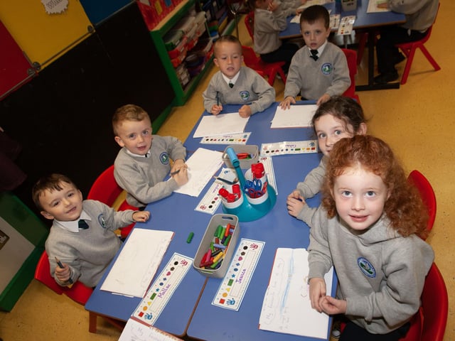 Primary 1 pupils in Mrs. Catherine Hegarty's class hard at work on Thursday. (Photos: Jim McCafferty Photography)