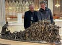 Archbishop Eamon Martin welcomes the arrival to Armagh Cathedral of a 6ft model of the human trafficking sculpture by Tim Schmalz 'Let the Oppressed Go Free'