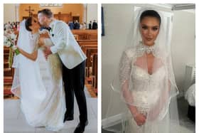 The newly-married couple and on right, Cara Hunter MLA in her stunning wedding dress. Pictures: Cara Hunter MLA/Facebook