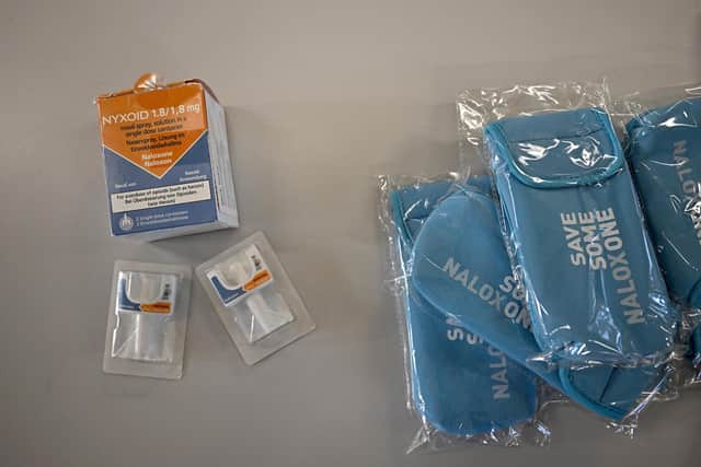 Naloxone nasal spray box and containers. (Photo by Jeff J Mitchell-Pool/Getty Images)