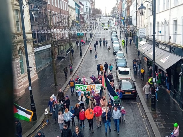 Thousands participate in Derry rally for Palestine calling for a ceasefire in Gaza on January 13, 2024