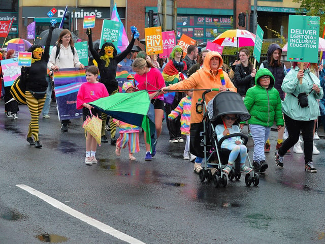 The 2024 Foyle Pride Parade on Craigavon Bridge. Photo: George Sweeney