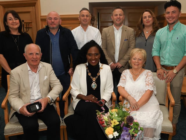 The Mayor of Derry City and Strabane District, Councillor Lilian Barr, held a special reception yesterday in the Guildhall for Gabriel Dolan in recognition of his significant contribution over the years to the Strabane/Lifford Business Community. Included are his family and friends who joined him for the celebration in the Mayor’s Parlour. (Photo - Tom Heaney, nwpresspics)