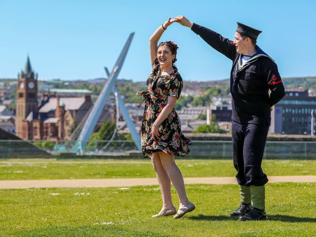 BoA Battle of the Atlantic 80th Anniversary event at Ebrington Square, Derry. Stepping out in period costume are Paige Quigley and Christian Campbell. Credit ©Lorcan Doherty