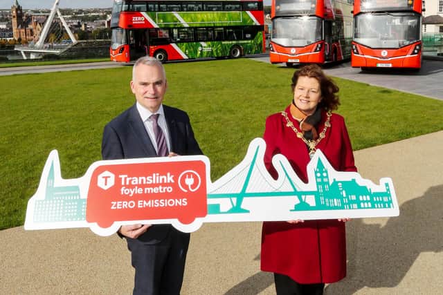 Chris Conway, Translink Group Chief Executive, and Cllr Patricia Logue, Mayor of Derry City & Strabane District Council pictured at the official launch of Translink's new zero emission bus fleet at Ebrington Square, Derry.