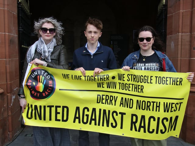 Young people taking part in the Unite Against Hate rally - Guildhall Square on Saturday. (Photo - Deirdre Heaney, nwpresspics)