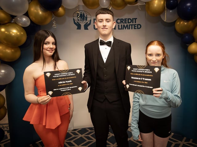 Derry Credit Union's Young People's Awards 2025 nominees being presented with their certificates by Odhran Doherty, Youth Committee, on Monday night to Alicia Nash and Shannon O'Hagan.