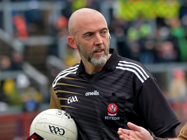 Local referee Gavin Hegarty was in charge at the SFC final between Glen and Slaughtneil, in Celtic Park, on Sunday afternoon. DER2243GS – 015