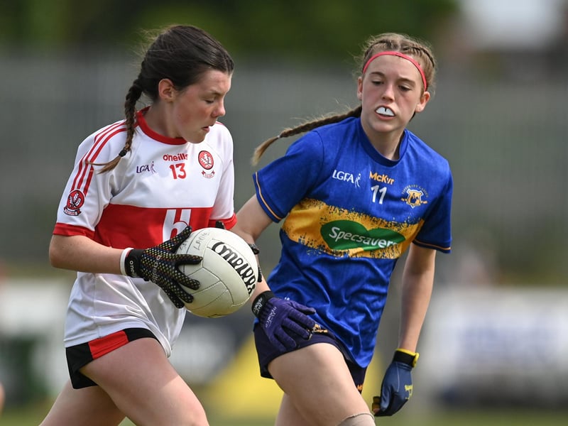 Action from the 2023 All-Ireland U14 Gold Final between Derry and Tipperary at Clan na Gael GAA Club in Dundalk, Louth. Photo by Stephen Marken/Sportsfile