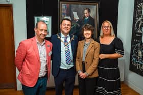 Derry City & Strabane District Council Mayor Ruairi McHugh is joined by Professor Brian Ó Conchubhair, Maebh Long, President of the International Flann O'Brien Society and Louise Boyce, The Alley Theatre Venue Manager at the 8th International Flann O'Brien Conference. 
 : .