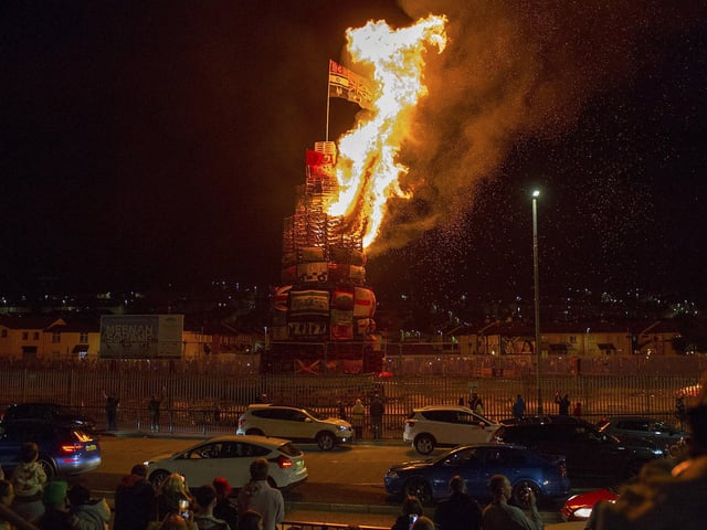 Bonfire alight in the Bogside on Thursday night. Photo: George Sweeney