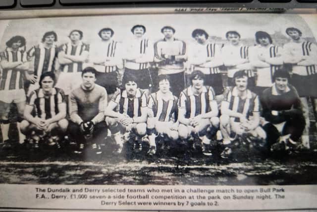 The Dundalk FC and Derry Select teams who met in a challenge match to open the 1979 Bull Park 7s competition, Derry defeating the League of Ireland and FAI Cup winners 7-2.