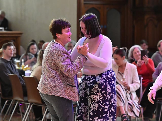 Revellers dance to the music of The Roaring Forties swing and rock 'n' roll band in the Guildhall during the City of Derry Jazz Festival.  Photo: George Sweeney