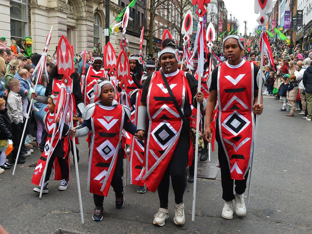 The Derry St Patrick’s Day parade makes its way towards the city centre on Monday afternoon. Photo: George Sweeney.