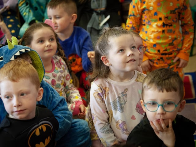 Pupils enjoying storytime during World Book Day at St. Brigid's Primary School on Thursday.