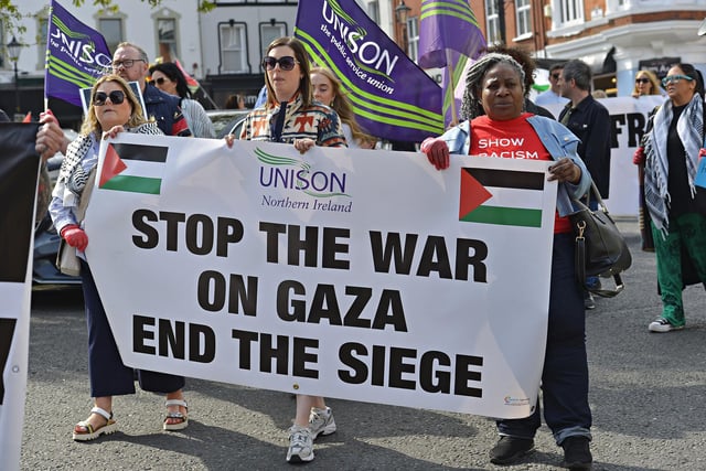 Supporters take part in a Freedom for Palestine march and rally on Saturday afternoon. Photo: George Sweeney