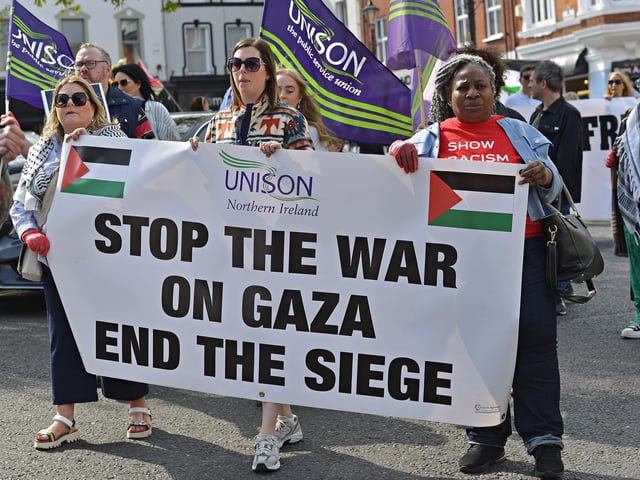 Supporters take part in a Freedom for Palestine march and rally on Saturday afternoon.  Photo: George Sweeney