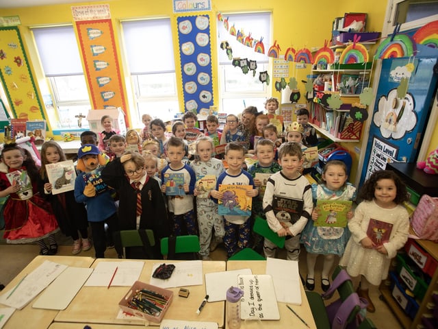 P2 pupils mark World Book Day on Thursday morning at Hollybush PS.