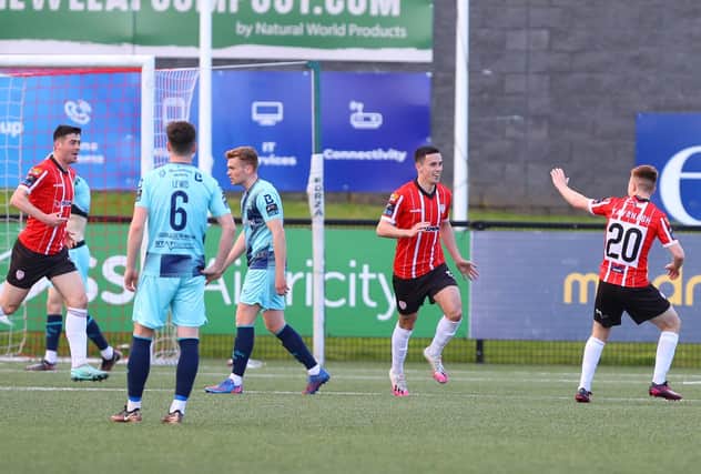 Jordan McEneff turns to celebrate putting Derry City into the lead on 20 minutes - his fifth goal of the season! Photo by Kevin Moore.