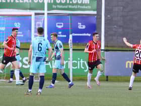 Jordan McEneff turns to celebrate putting Derry City into the lead on 20 minutes - his fifth goal of the season! Photo by Kevin Moore.