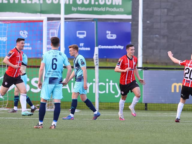 Jordan McEneff turns to celebrate putting Derry City into the lead on 20 minutes - his fifth goal of the season! Photo by Kevin Moore.