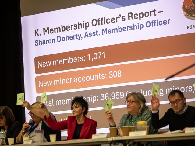 Derry Credit Union board members taking part in one of the votes at Monday's AGM.