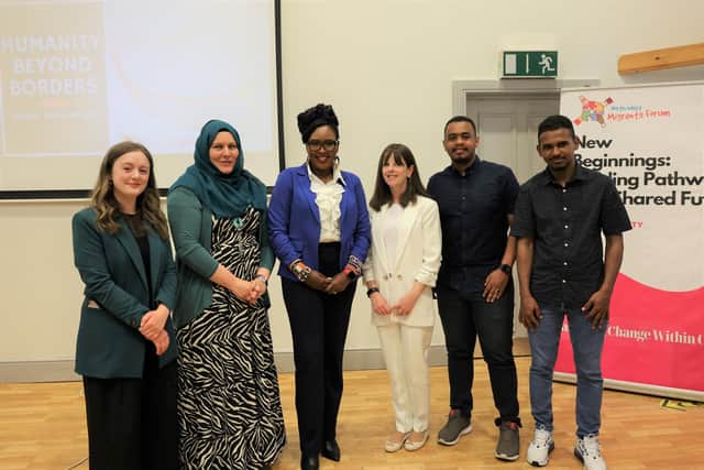 Úna Boyd of the Committee on the Administration of Justice NI, North West Migrants Forum Programmes Manager Naomi Green, Forum Director Lilian Seenoi Barr, solicitor Suzanne Moran and Forum volunteers Ahmed Osama and Rabah Khalid who told their asylum seeker stories.