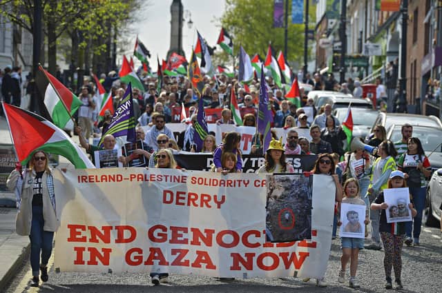 Supporters take part in a Freedom for Palestine march and rally on Saturday afternoon. Photo: George Sweeney