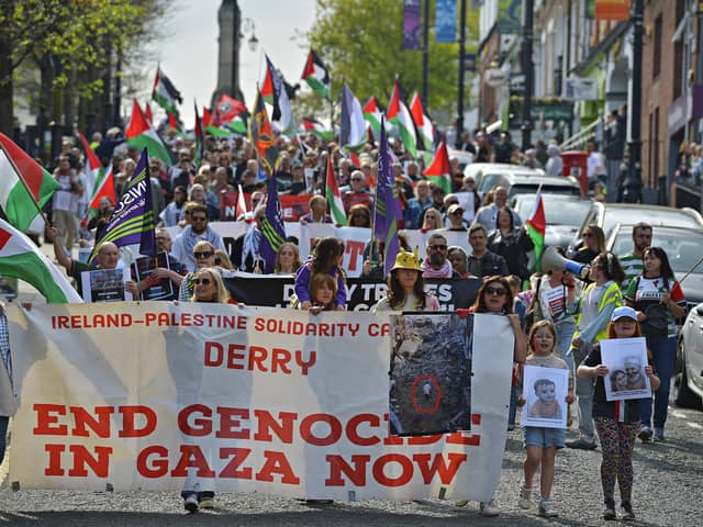 Supporters take part in a Freedom for Palestine march and rally on Saturday afternoon.  Photo: George Sweeney