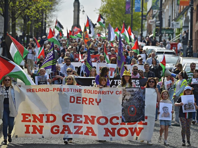 Supporters take part in a Freedom for Palestine march and rally on Saturday afternoon.  Photo: George Sweeney