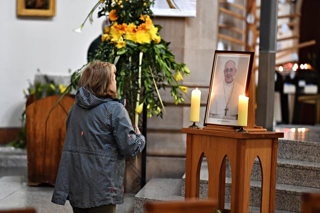St Eugene’s Cathedral parishioner prays for Pope Francis who died early on Monday morning aged 88. Pope Francis (Jorge Mario Bergoglio) was discharged from hospital last month after five weeks of treatment for an infection that led to double pneumonia. He was first Latin American and the first Jesuit to be elected pontiff. Photo: George Sweeney