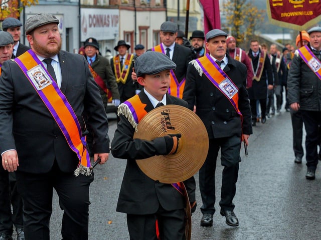 Members of the ABOD County Down Amalgamated Committee at the Apprentice Boys of Derry’s Shutting of the Gates parade held in the city on Saturday last. Photo: George Sweeney.