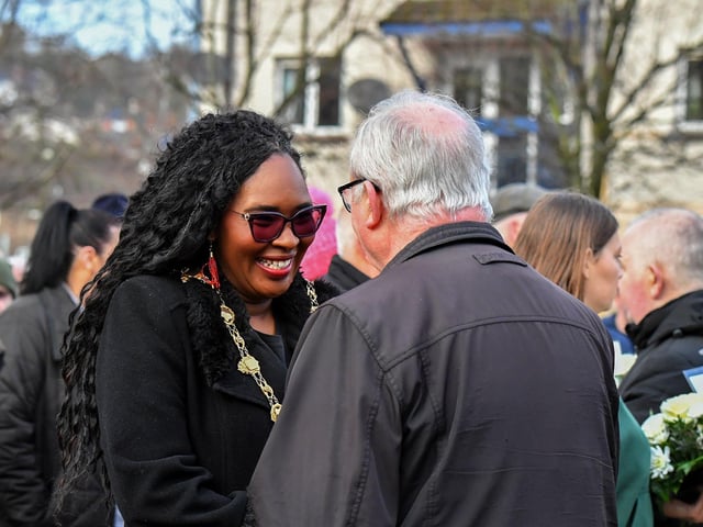 The Most Reverend Dr Donal McKeown, Bishop of Derry, greets Mayor Lilian Seenoi Barr at the annual Bloody Sunday service held on Sunday morning. Photo: George Sweeney