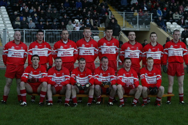 The Derry team that lined out in Healy Park in January 2004: Back Row (L-R):  Geoffrey McGonigle, Ryan Lynch, Paul Wilson, Fergal Doherty, Johnny Bradley, Paddy Bradley, Dermot Scullion, Patsy Bradley. Front Row (L-R):  Kevin McGuckin, Padraig O’Neill, Francis McEldowney, Kevin McCloy, Conleith Gilligan, Conor McWilliams.