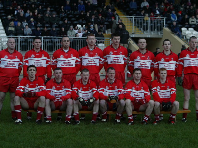 The Derry team that lined out in Healy Park in January 2004: Back Row (L-R): Geoffrey McGonigle, Ryan Lynch, Paul Wilson, Fergal Doherty, Johnny Bradley, Paddy Bradley, Dermot Scullion, Patsy Bradley. Front Row (L-R): Kevin McGuckin, Padraig O’Neill, Francis McEldowney, Kevin McCloy, Conleith Gilligan, Conor McWilliams.