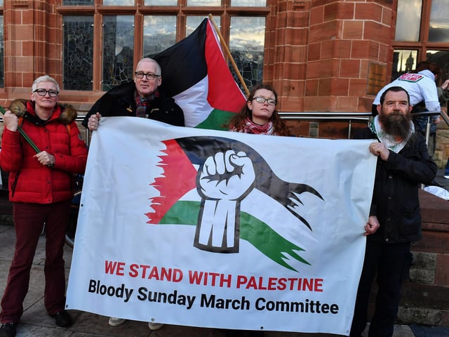 Representatives of the Bloody Sunday March Committee attend the pro-Palestinian solidarity rally held in Derry on Saturday afternoon. Photo: George Sweeney